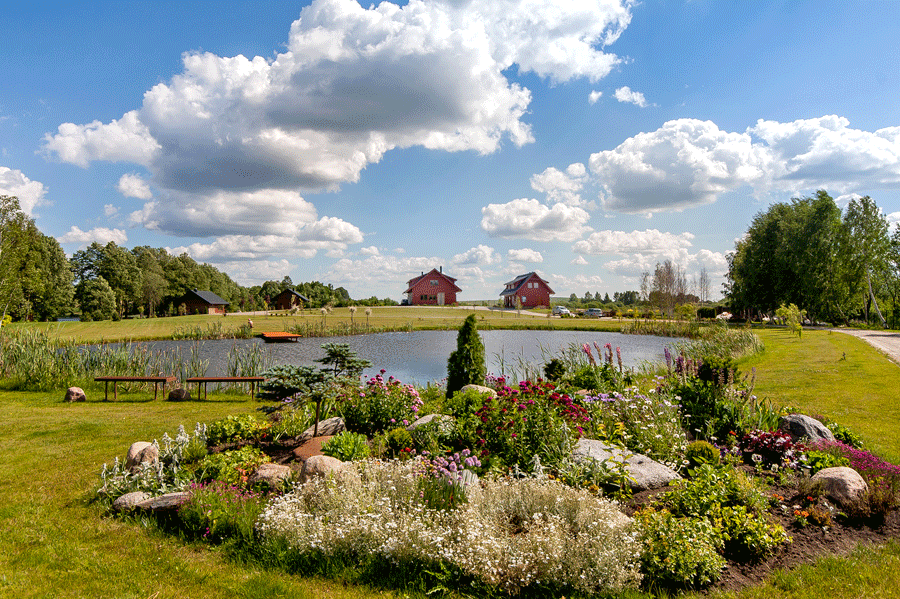 Vila Viesai - sodybos nuoma Trakų r. Gėlių klomba prie tvenkinio